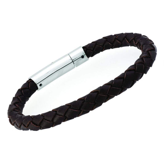 Steel brown leather plaited bracelet Bracelet Unique   