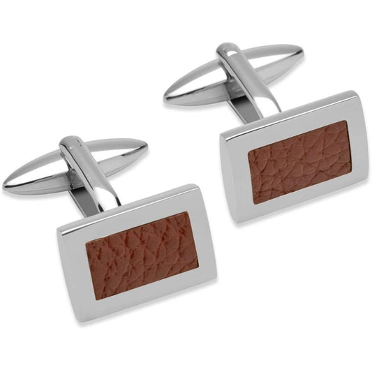 Steel brown leather rectangle cufflinks Cufflinks Rock Lobster Jewellery   