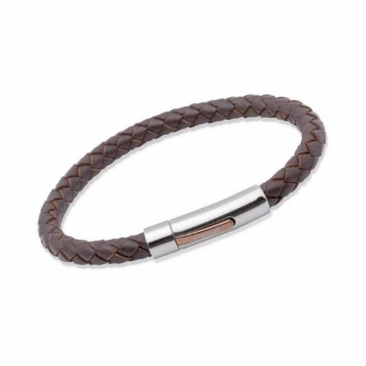Steel clasp with brown detailing and brown leather plait bracelet Bracelet Unique   