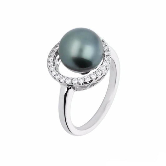White gold tahitian pearl and diamond halo ring Ring Gellner   