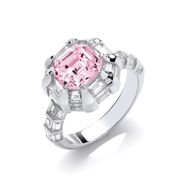 Silver Art de Deco Ring with Pink Diamond Cubic Zirconia Ring Cavendish French