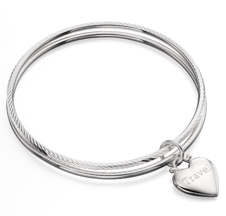 Silver Diamond Cut Double Bangle With Heart Bangle Gecko