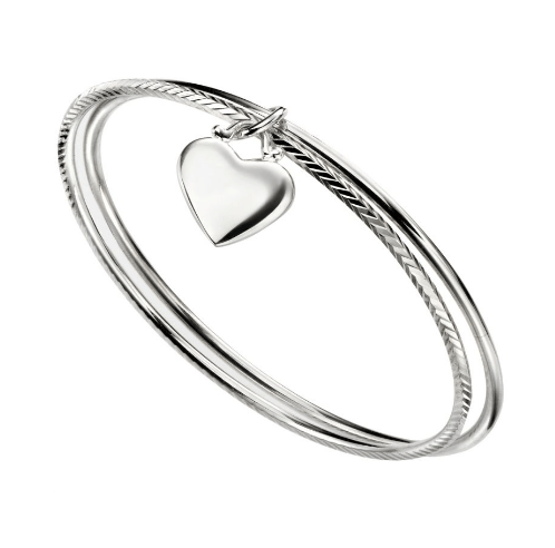 Silver Diamond Cut Double Bangle With Heart Bangle Gecko