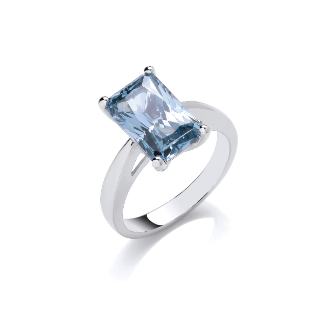 Silver Emerald Cut Aqua Cubic Zirconia Cocktail Ring Ring Cavendish French