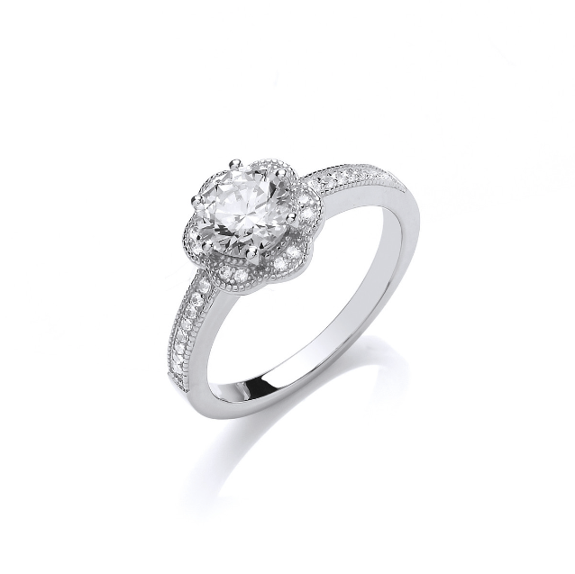 Silver Flower Halo ring with Cubic Zirconia Ring Cavendish French