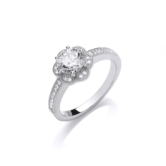 Silver Flower Halo ring with Cubic Zirconia Ring Cavendish French