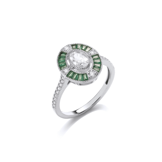 Silver Grand Deco Ring with Emerald Cubic Zirconia Ring Cavendish French